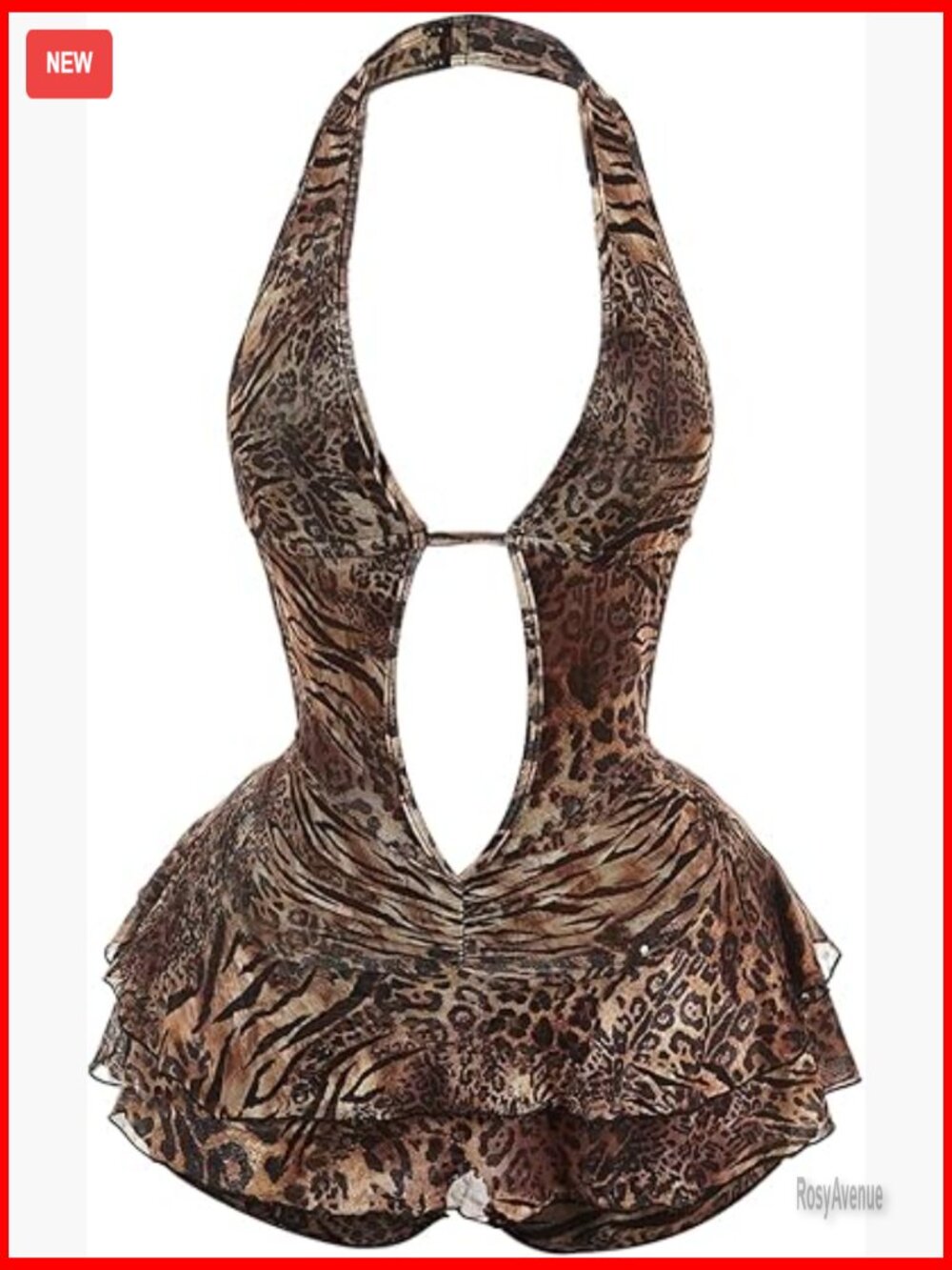 Cheetah Print Halter Romper Deep V Neck Backless Mesh One Piece Jumpsuit